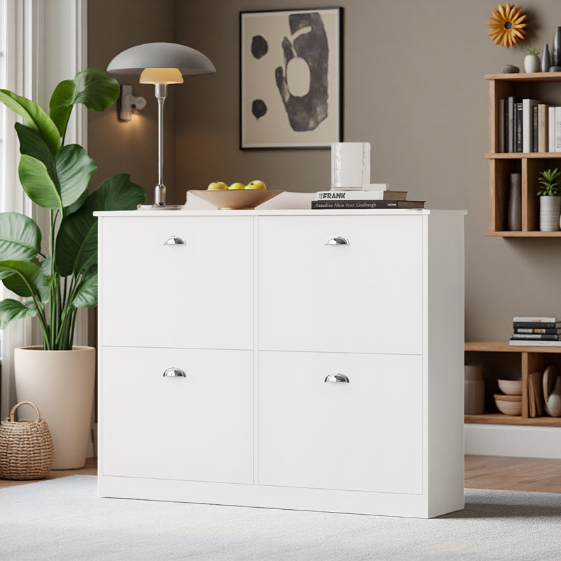 Hidden Slim Narrow Shoe Rack Cabinet With 4 Drawers For Entryway, Foyer,Hallway,Bedroom, White