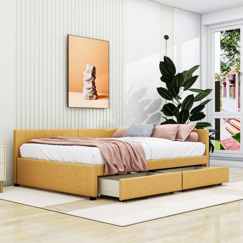 Full Upholstered Sofa Daybed with Drawers, Yellow
