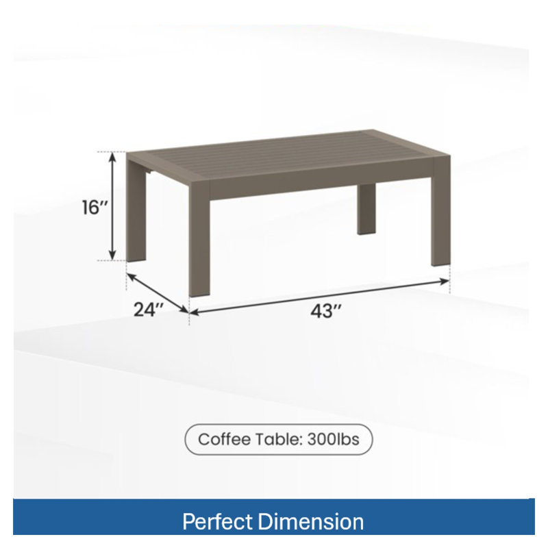 Table basse d'extérieur en métal toutes saisons 43 po x 24 po avec plateau d'aspect bois et structure kaki