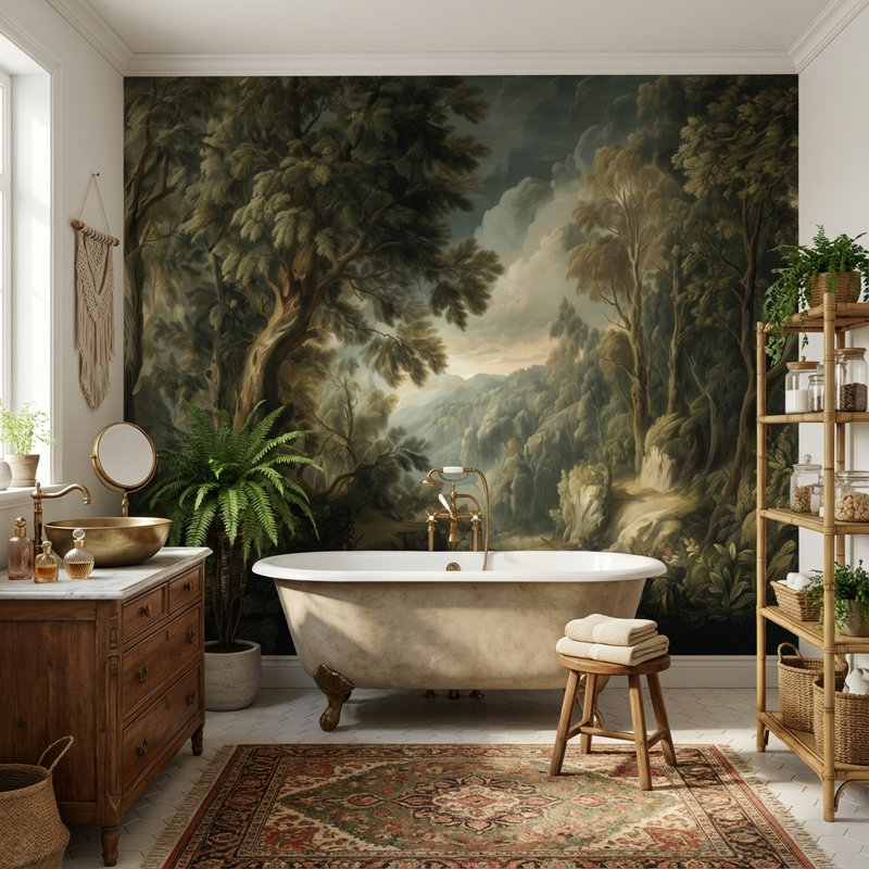Papier peint paysage forestier, arbres, fresque murale vintage, 200"x120", Peel and Stick