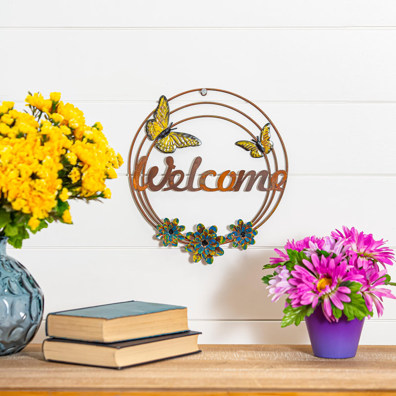 Panneau mural rond "Welcome" avec papillons