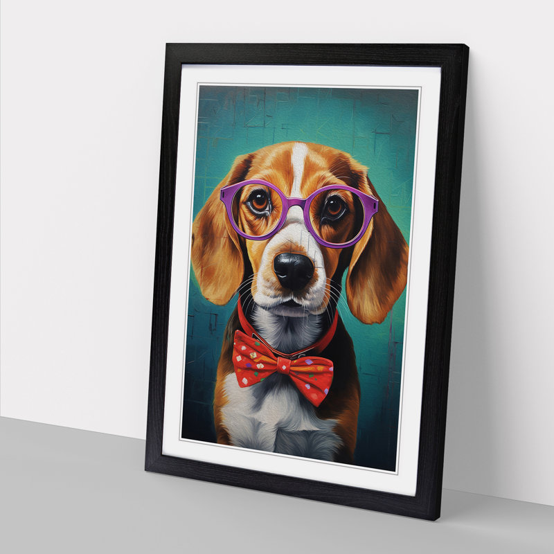 Beagle with Glasses Painting - Framed Print, Black Framed, 64cm H x 46cm W x 2cm D