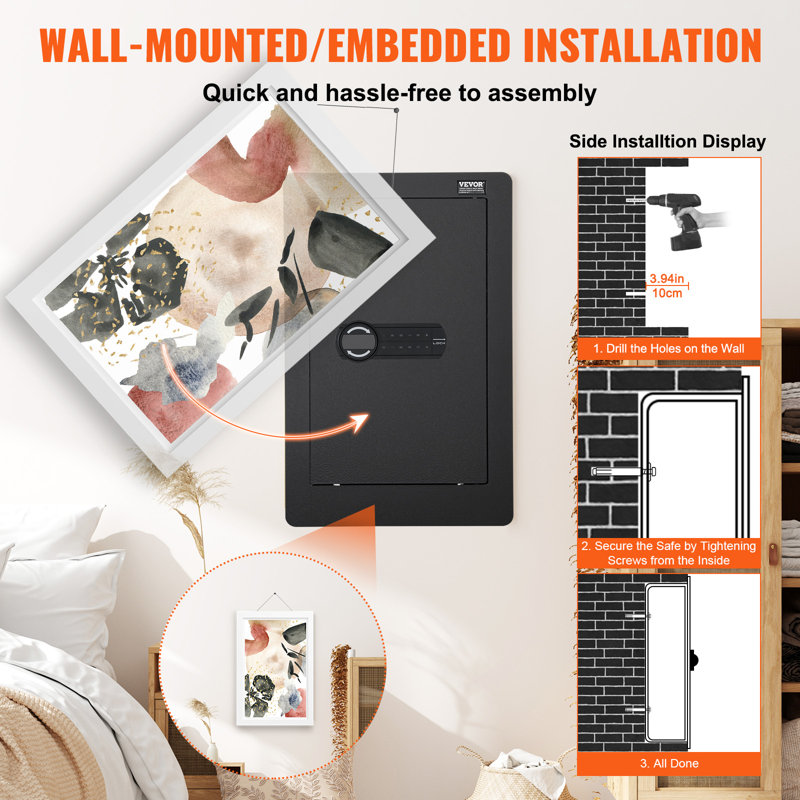 Black Steel 25.59" Tall In-Wall Safe with Keypad and Shelves