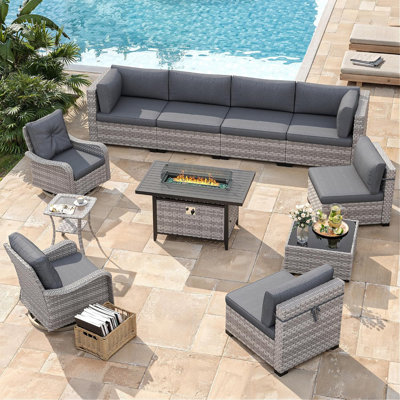 8 - Person Outdoor Rattan Furniture Patio Set with Fire Pit Table