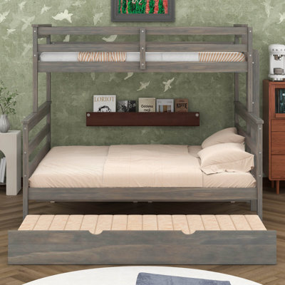 Twin XL Over Queen Bunk Bed With Trundle And Built-In Ladder, Wood Bunk Bed With Guardrails, Can Be Separated Into 3 Beds