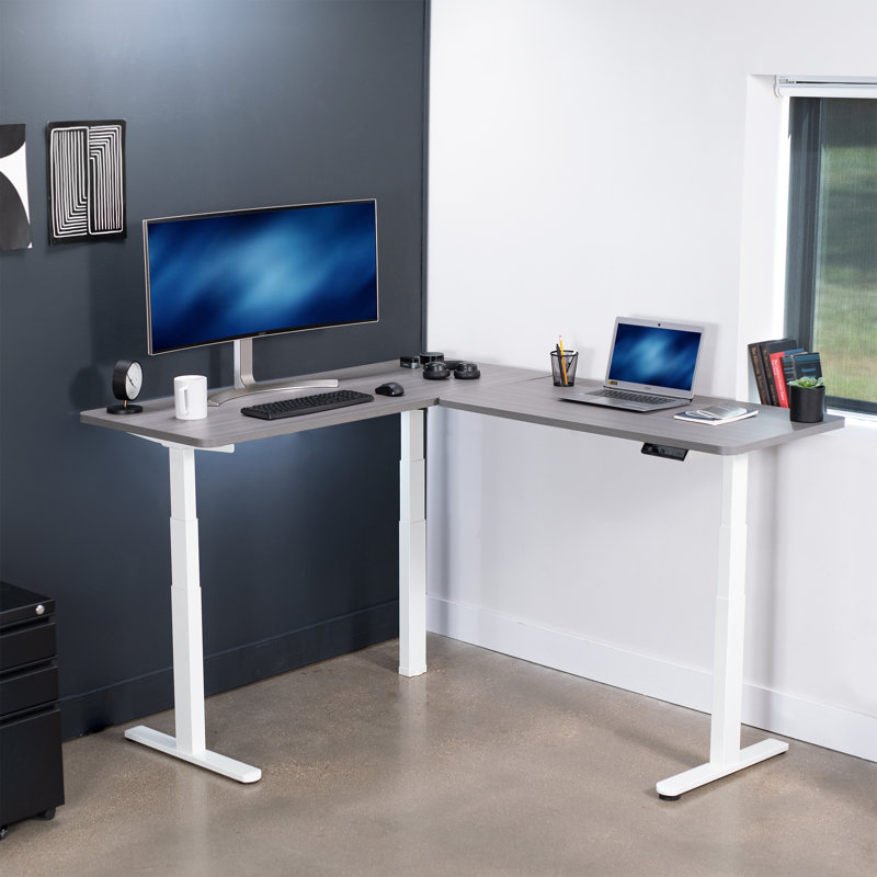 VIVO Light Wood & White Electric L-Shaped Adjustable Desk