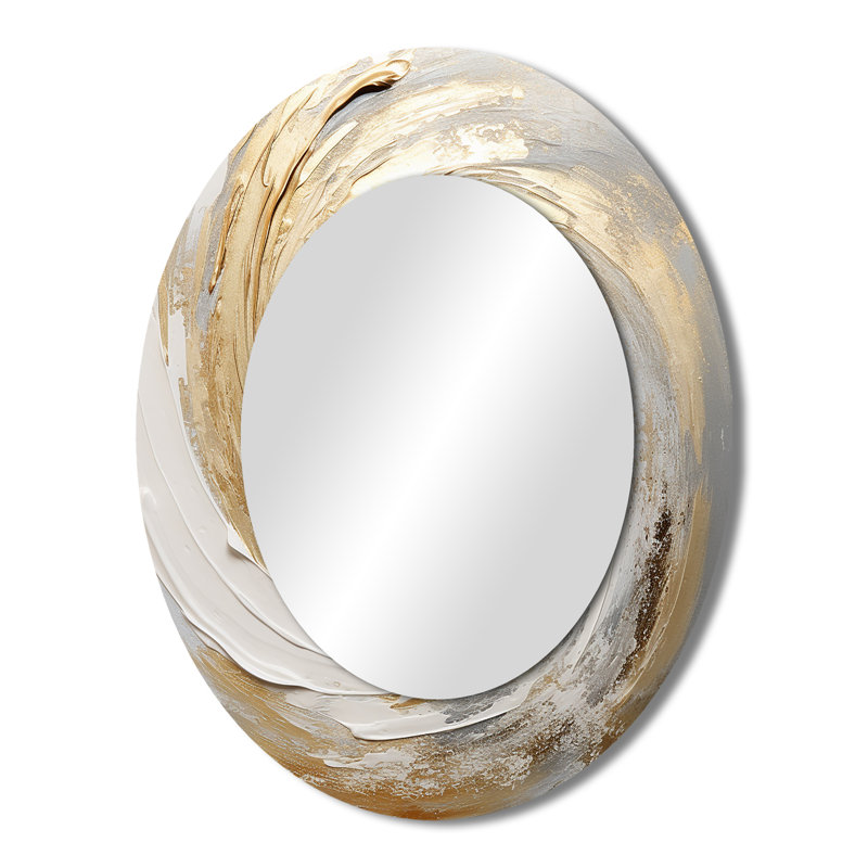 Gold And White Soft Wave Vortex III - Abstract Oval Decorative Mirror On Metal, 43" x 33"