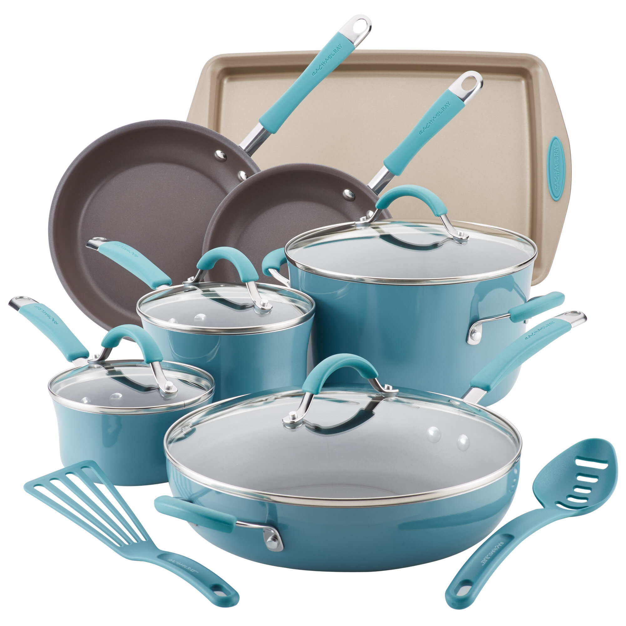 Rachael Ray Cucina Nonstick Cookware Pots and Pans Set, 12 Piece, Agave Blue