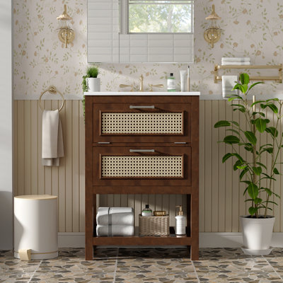 Meuble-lavabo de 24 po avec lavabo intégré en céramique, meuble-lavabo à 1 tiroir profond, 1 tiroir basculant et meuble-lavabo simple pour les petites et moyennes toilettes