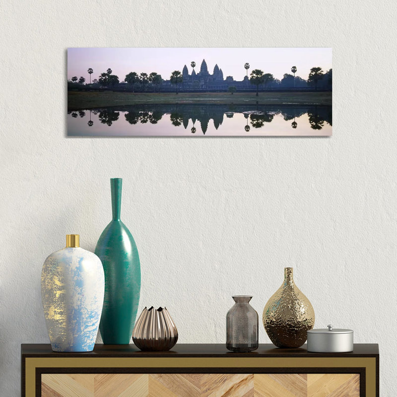 Reflection Of Temples And Palm Trees In A Lake, Angkor Wat, Cambodia - Wrapped Canvas Panoramic Print