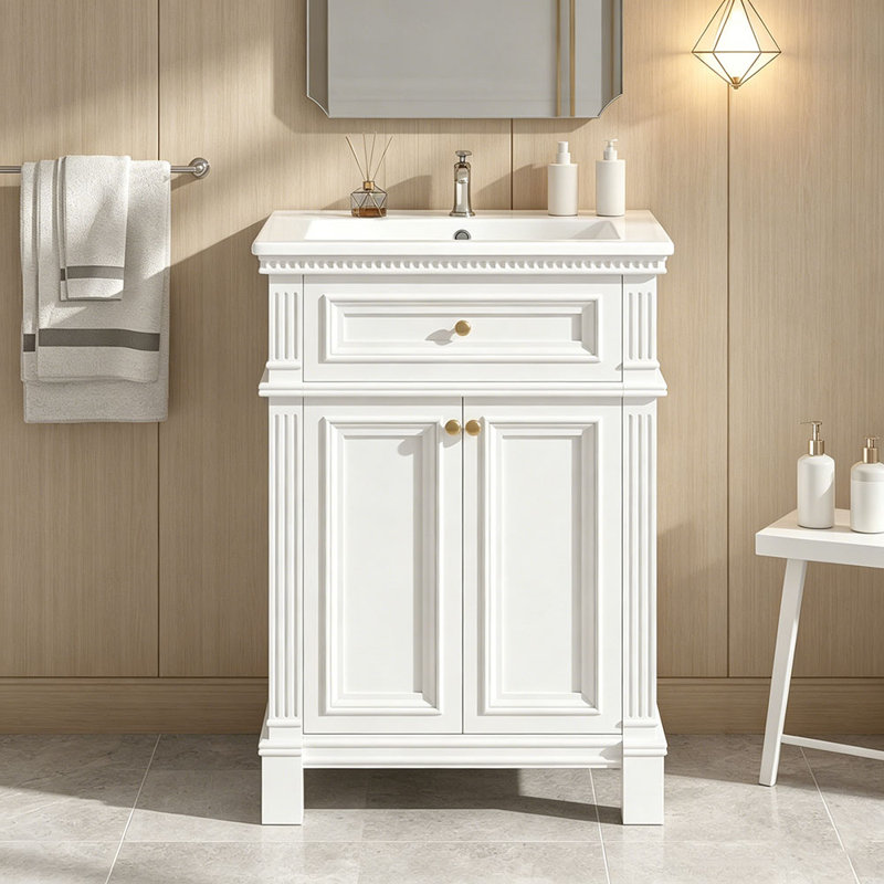 Armoire de salle de bain 24 po avec portes à fermeture douce et tablette réglable, meuble-lavabo avec lavabo en céramique