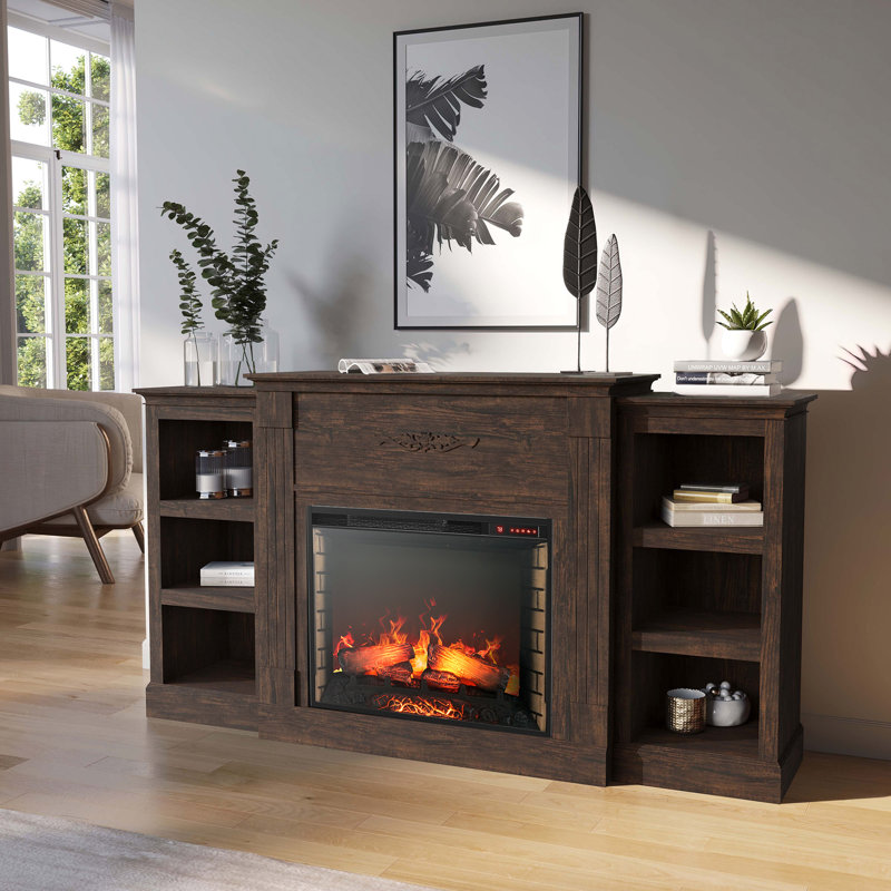 Maranto 70" Electric Fireplace Heater Mantel TV Stand & Media Entertainment Center, Fireplace heater  included, Brown