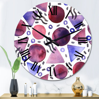 Horloge murale rétro - triangle mauve et cercles bourgogne