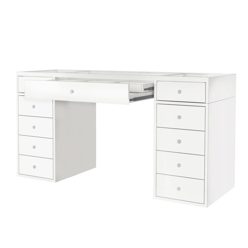 Slaystation Luxe Premium Vanity Table, Makeup Desk With Dual 4 Storage Drawer Unit, Glass Top