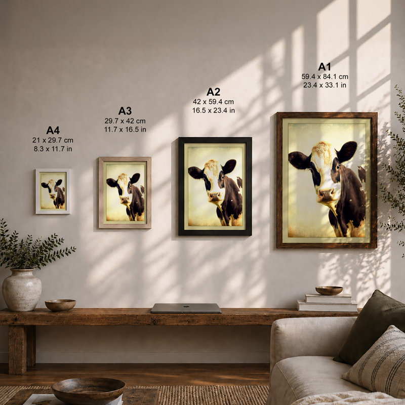Gentle Cow Portrait Rustic - Print, A2 - 59.4 x 42.0 cm, Oak
