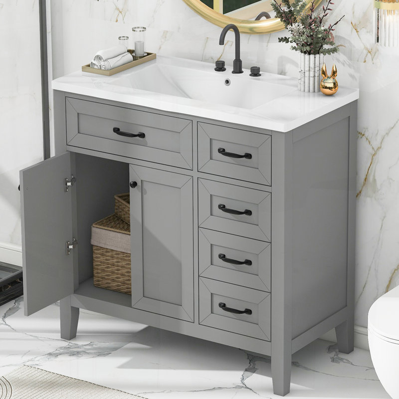 Meuble-lavabo 36 po avec lavabo, armoire blanche avec tiroirs, structure en bois massif et panneau de fibres à densité moyenne