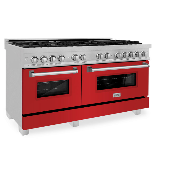 ZLINE 60" Legacy Dual Fuel Range, Satin Stainless Steel and Red Matte