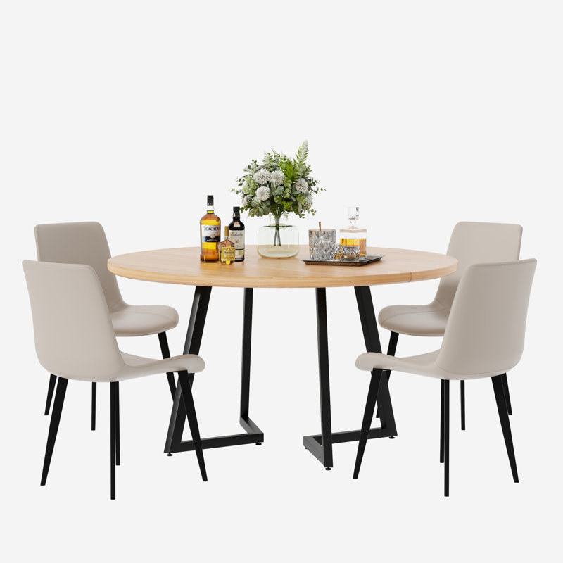 Mid Century Round Dining Table Sets, Cream, Natural Wood, 5