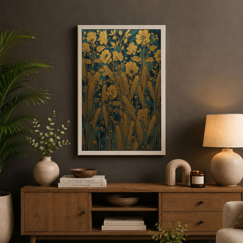 Golden Wildflowers Botanical - Wrapped Canvas, 24x16 - 61.0 x 40.6 cm, Ochre Border