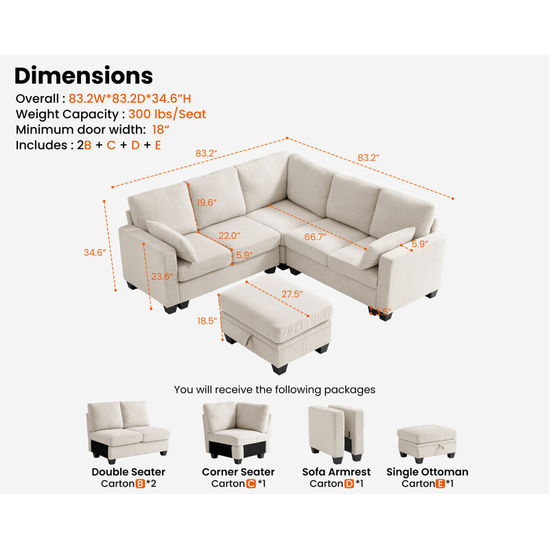 Latitude Run® Modular Sectional Couch| Corduroy L Shaped Sleeper Sofa, Sofa Bed Convertible Chaise With Storage Ottoman For Living Room Modern Furniture, 6 Seater Sleeper