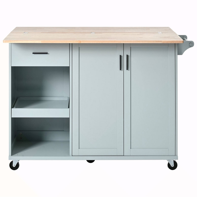 Îlot de cuisine avec comptoir pliable, chariot de rangement de cuisine avec tablette coulissante, porte-serviettes et tiroir, chariot de cuisine sur roulettes, pour cuisine, salon, salle à manger, gris-bleu