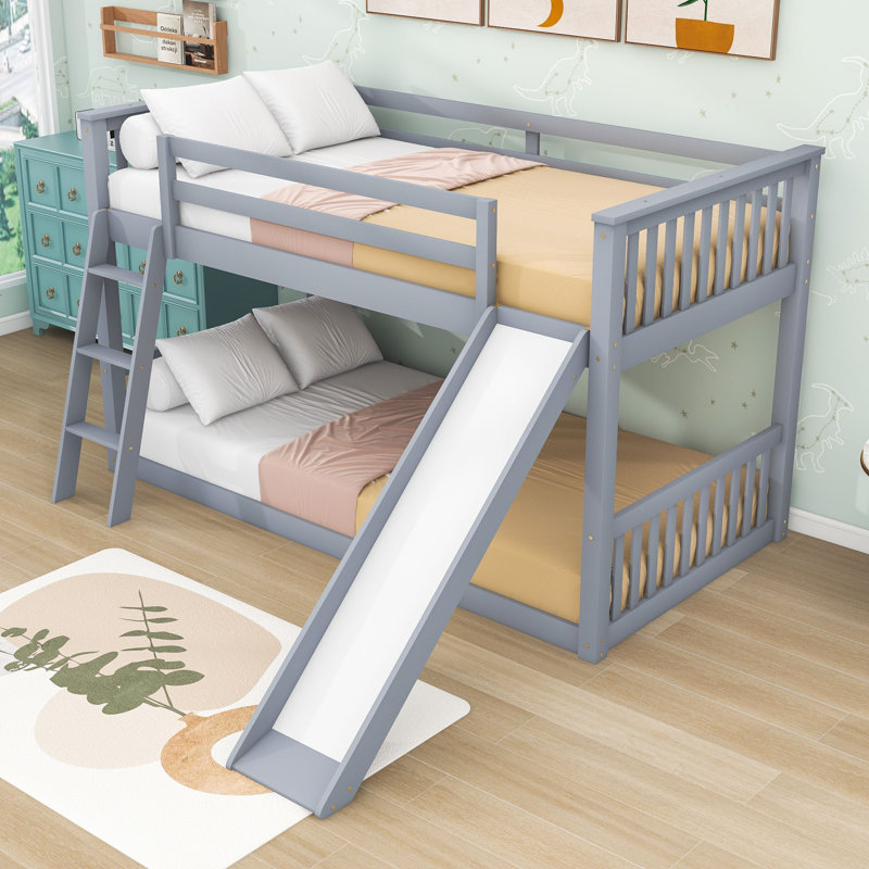 Twin Over Twin Wooden Bunk Bed With Reversible Ladder And Slide, Full-Length Guardrails, Gray