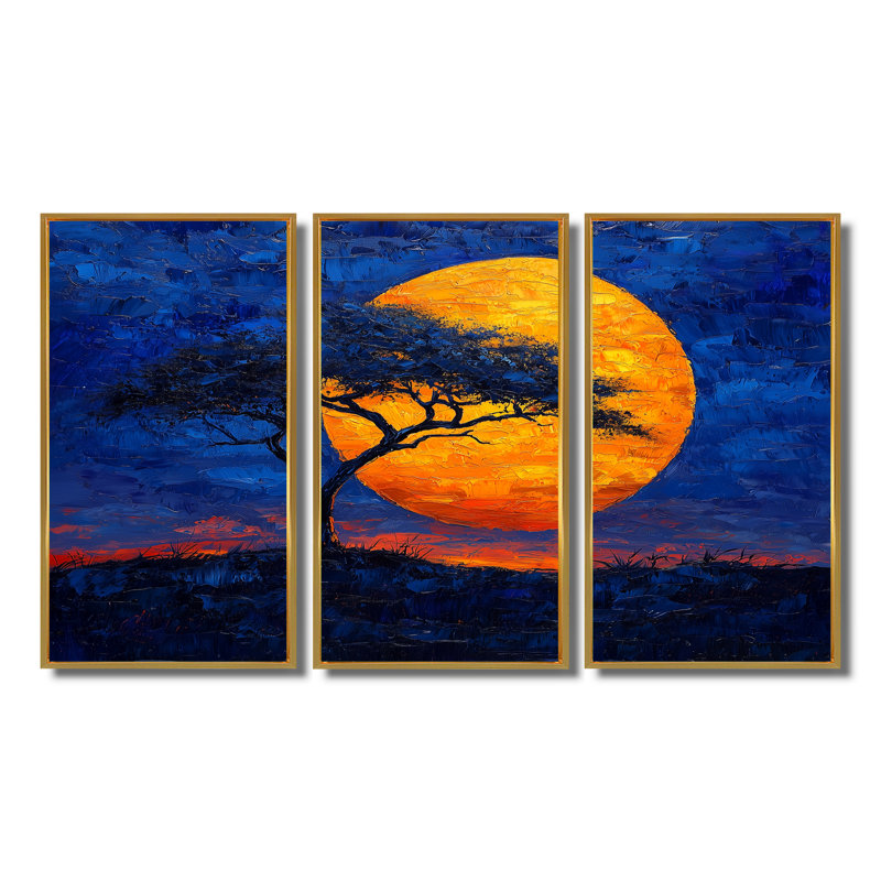 Silhouette de Serengeti jaune, arbre africain, ensemble de salon art mural africain, Toile avec cadre flottant or