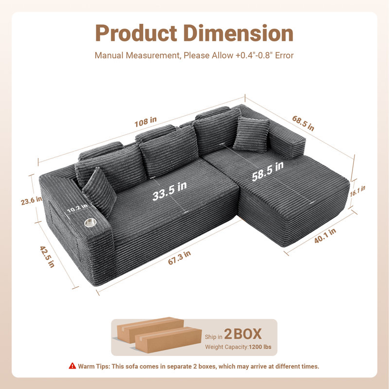 Boneless 108" Cloud Modular Sectional Sofa With L-Shape Chaise, Deeper Seat Corduroy Boneless Couch With 4 Storage Pockets For Living Room
