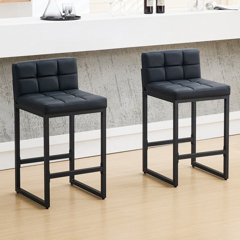 Tabouret de comptoir rembourré à dossier bas avec structure en métal épaissie pour îlot de cuisine, Noir, 2