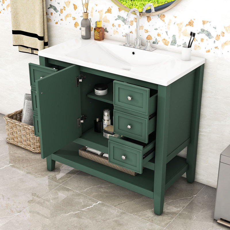 Meuble-lavabo simple en bois Volotta avec lavabo en céramique et rangement multifonctionnel, Vert