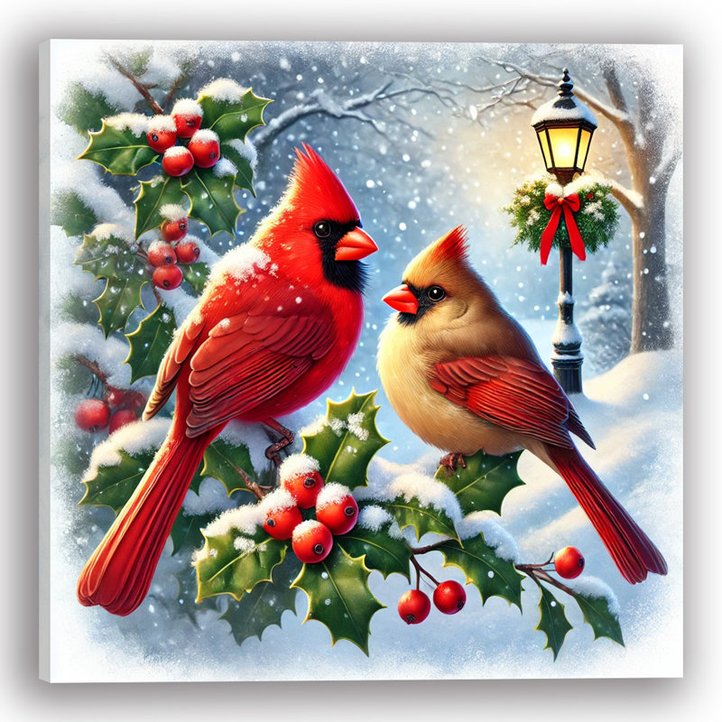 Holly Jolly Cardinals: Festive Winter Birds, reproduction d'art sur toile tendue, H 12 po x l 12 po x P 1 po