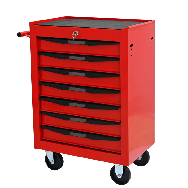 Coffre à outils rouge et noir de 20 po avec 7 tiroirs, glissière à roulement pour action en douceur, 4 roulettes verrouillables, espace de rangement à clé 20 po, coffre, glissière, espace