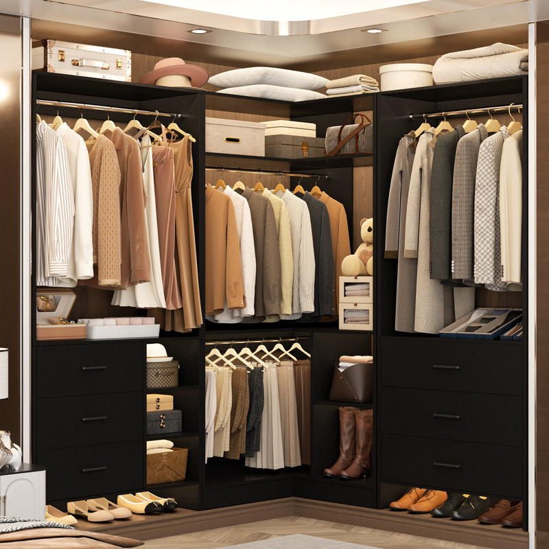 Chaj 86.8" W Closet System with 5 Drawers and 4 Hanging Rods, Black