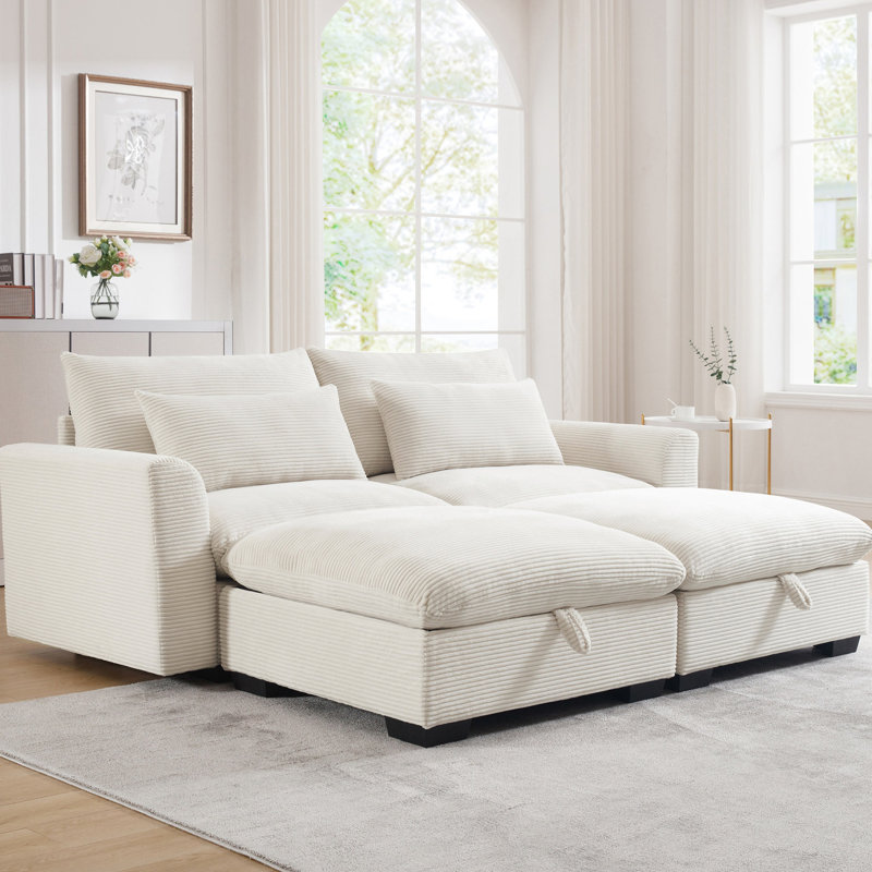 Velours côtelé avec 2 repose-pieds de rangement en beige - Décoration de salon, Beige