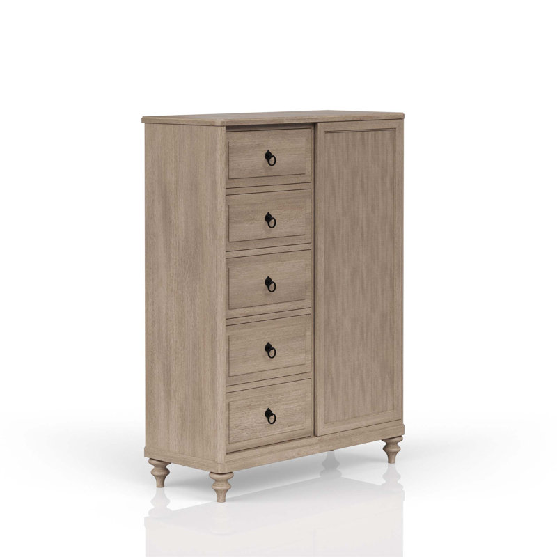 Commode à 5 tiroirs avec finition sable, tiroirs doublés de feutre et de cèdre, et rangement suspendu supplémentaire