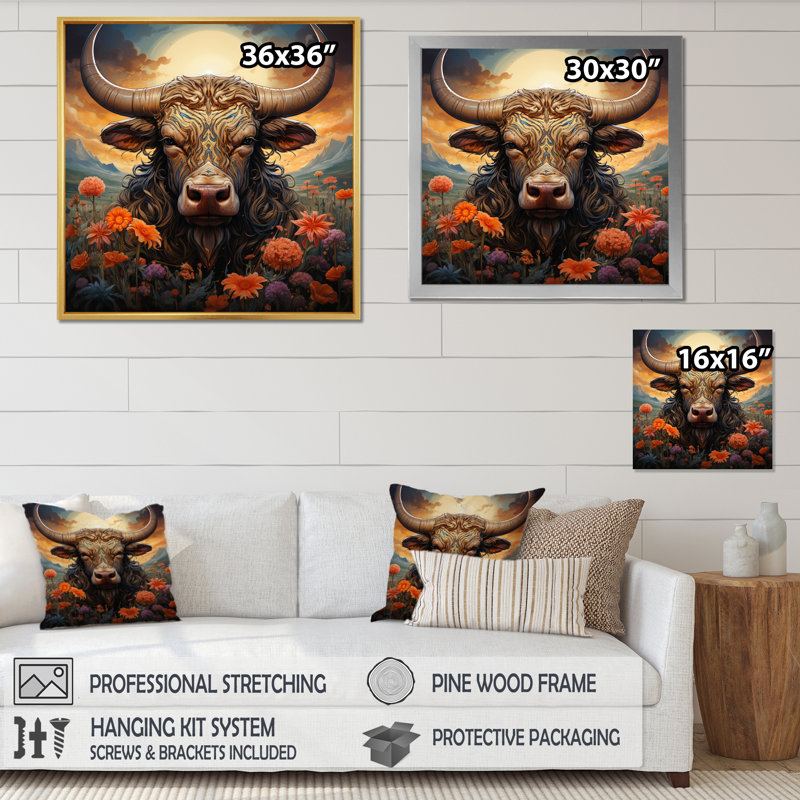 Buffalo at Sunrise - animaux, art mural sur toile, H 36 po x l 36 po x P 1,5 po, Cadre flottant noir