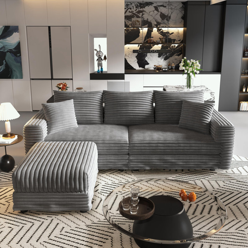 Plush Corduroy 3-Seat Sofa with Soft Pillows and 1 Ottoman, Gray Corduroy