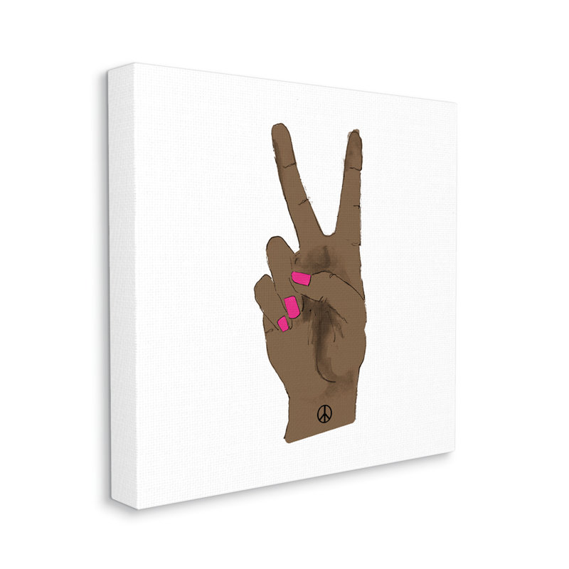 African American Woman's Hand Peace Sign Pink Nails - Painting, Wrapped Canvas, 17" H x 17" W x 1.5" W