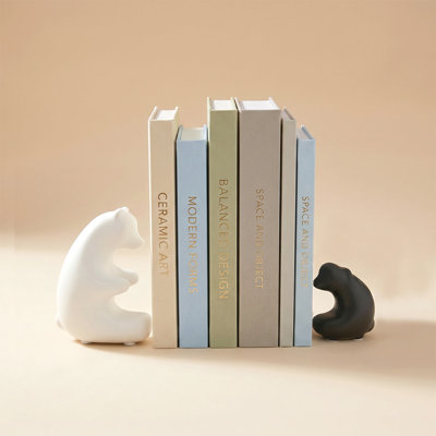 Hugging Bears Ceramic Bookends Set of 2, Modern Black & White Decorative Animal Bookends for Shelf & Desk