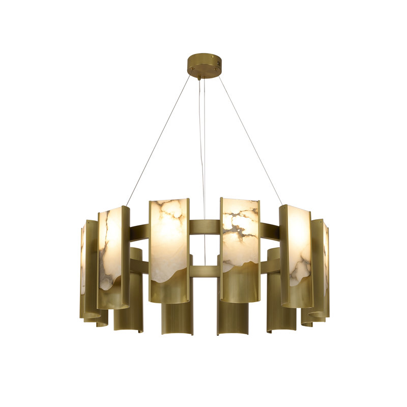 Lustre 12 lumières DEL en laiton satiné et aluminium blanc albâtre