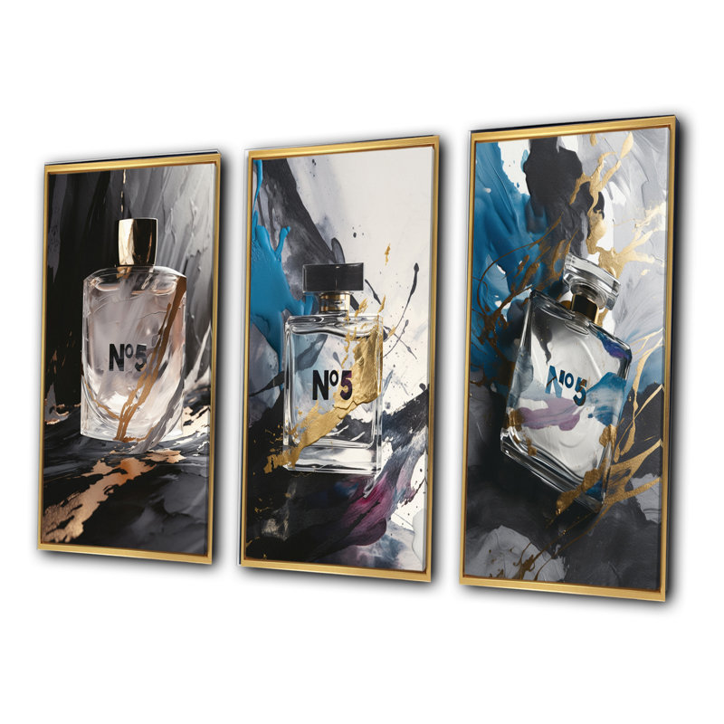 «Black Perfume Bottle Masterpièces», 3 pièces sur toile, Cadre flottant doré, H 28 po x l 36 po