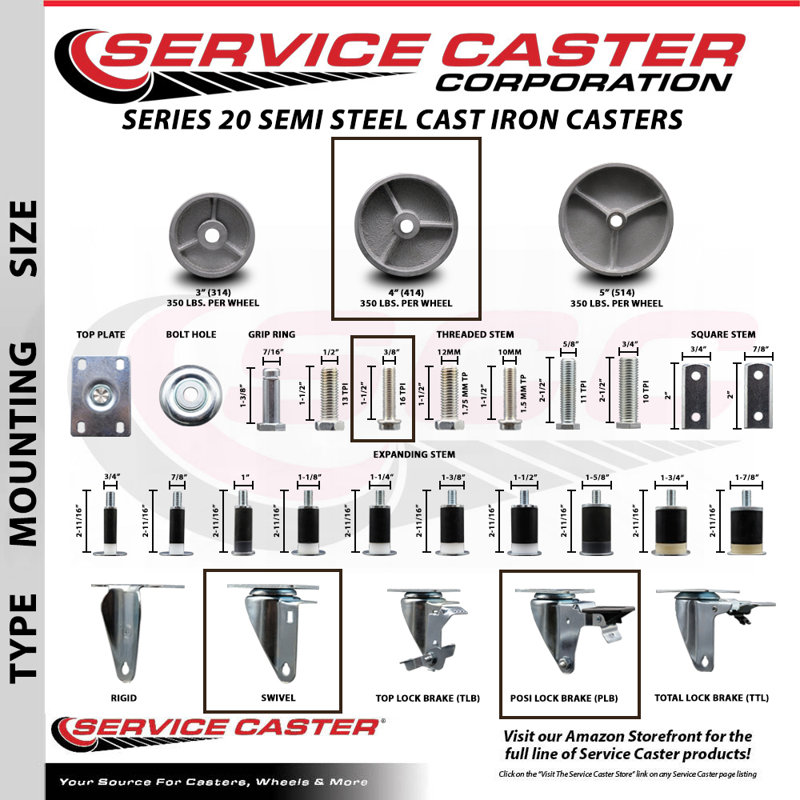 Threaded Stem Caster - 4" Wheel & 3/8" Stem