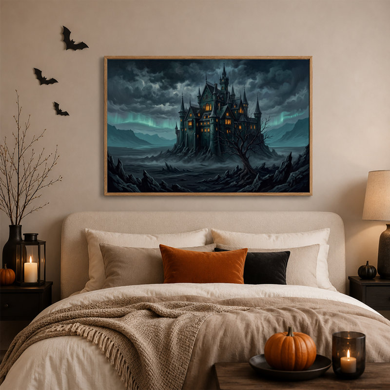 Impression sur toile, château gothique avec fenêtres brillantes sous aurore, H 24 po x l 36 po