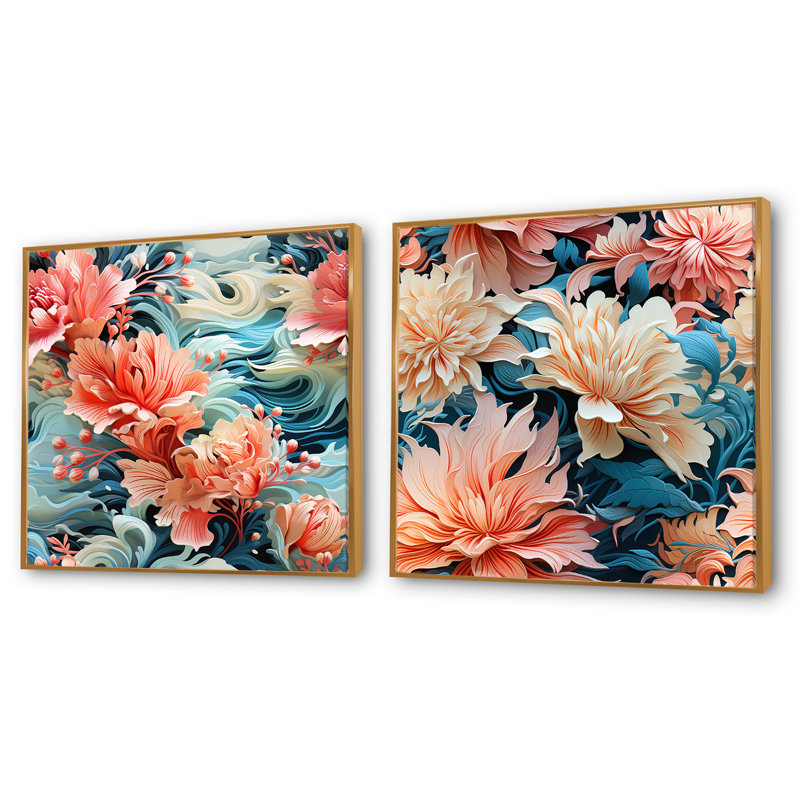 Midland - Ensemble de 2 collages carrés floraux, Cadre flottant doré, H 30 po x l 61 po