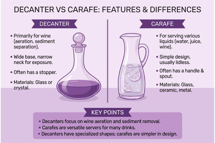 Decanter vs carafe comparison infographic showing a decanter of wine with a cork top and an open carafe with lemonade explaining wine decanters for aeration and sediment removal versus carafes for serving water, juice, or wine