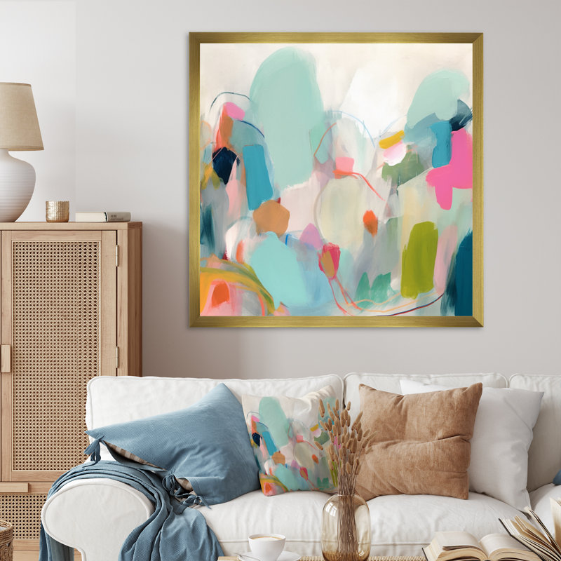 «Pink Blue Minimalims Fludity III», reproduction d'art sur toile, H 36 po x l 36 po, Impression encadrée, Doré