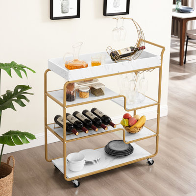 6 Rolling Beverage Cart, Retro Style With Wine And Storage Serving Cart Rack, Lockable Wheel Option