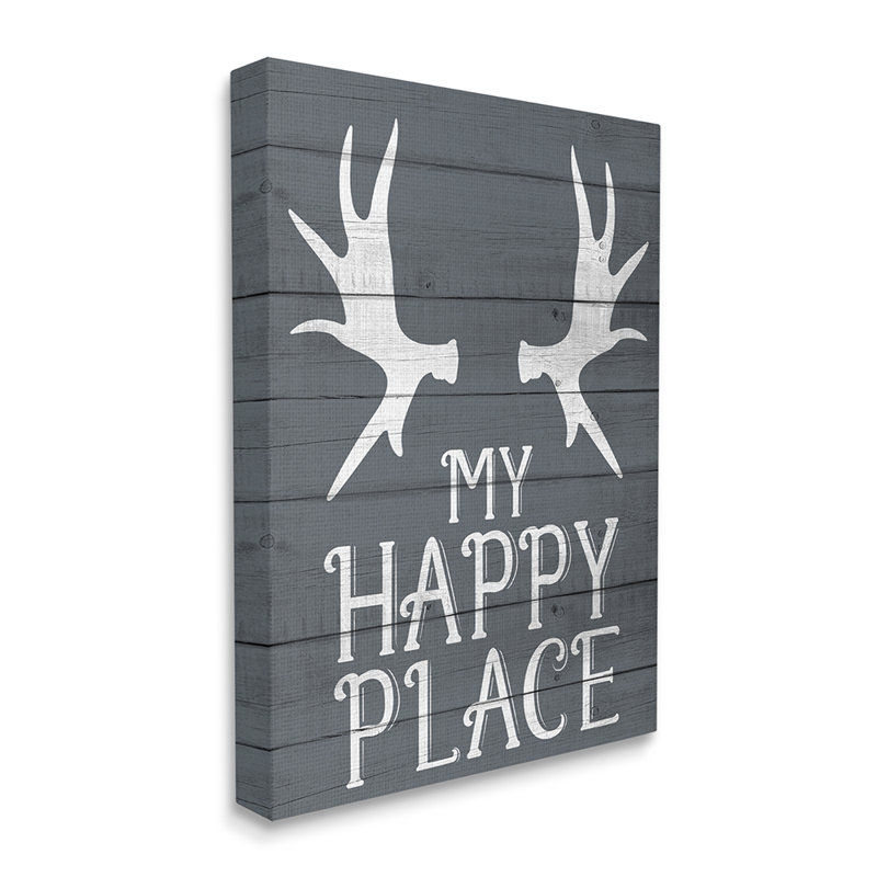 «Rustic My Happy Place Large Elk Antler» par Kim Allen - impression d'art graphique, H 20 po x l 16 po x 1,5 po, Toile tendue