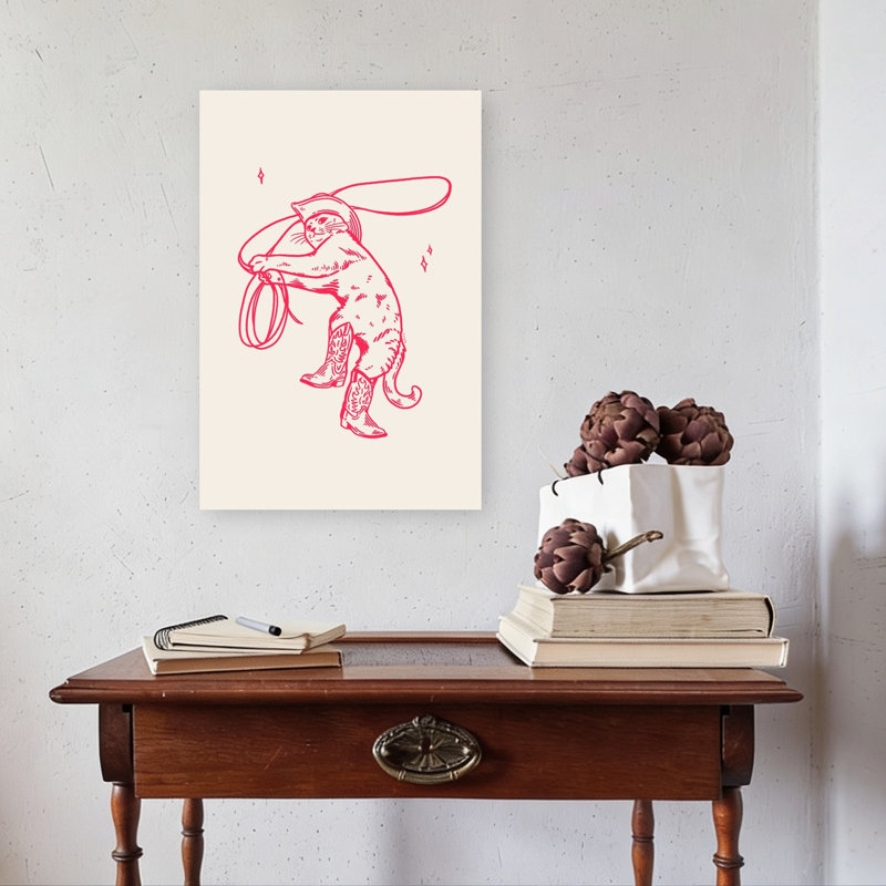 Chat de cowboy fantaisiste, chat ludique et abstrait, paysage naturel, affiche murale, H 24 po x l 16 po