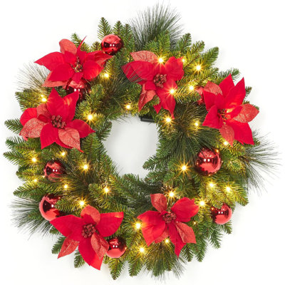 24 in Artificial Christmas Wreath Christmas Garland with LED Lights PVC Pine Needle Wreath Festive Holiday Door Decoration Winter,Red